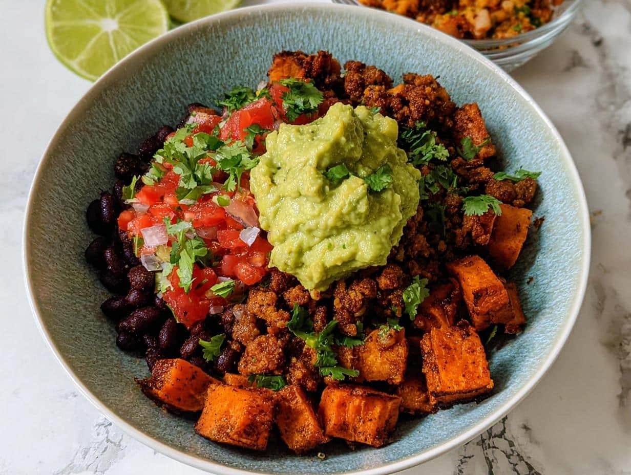 A vibrant bowl of Gluten Free Sweet Potato Taco Bowls topped with seasoned meat, black beans, pico de gallo, and a dollop of guacamole.