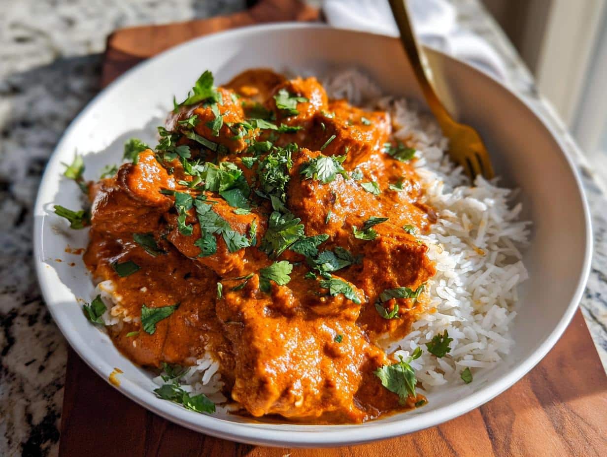 Close-up of a white bowl filled with Gluten Free Tikka Masala Bowls, featuring rich orange curry over white rice, topped with fresh cilantro.