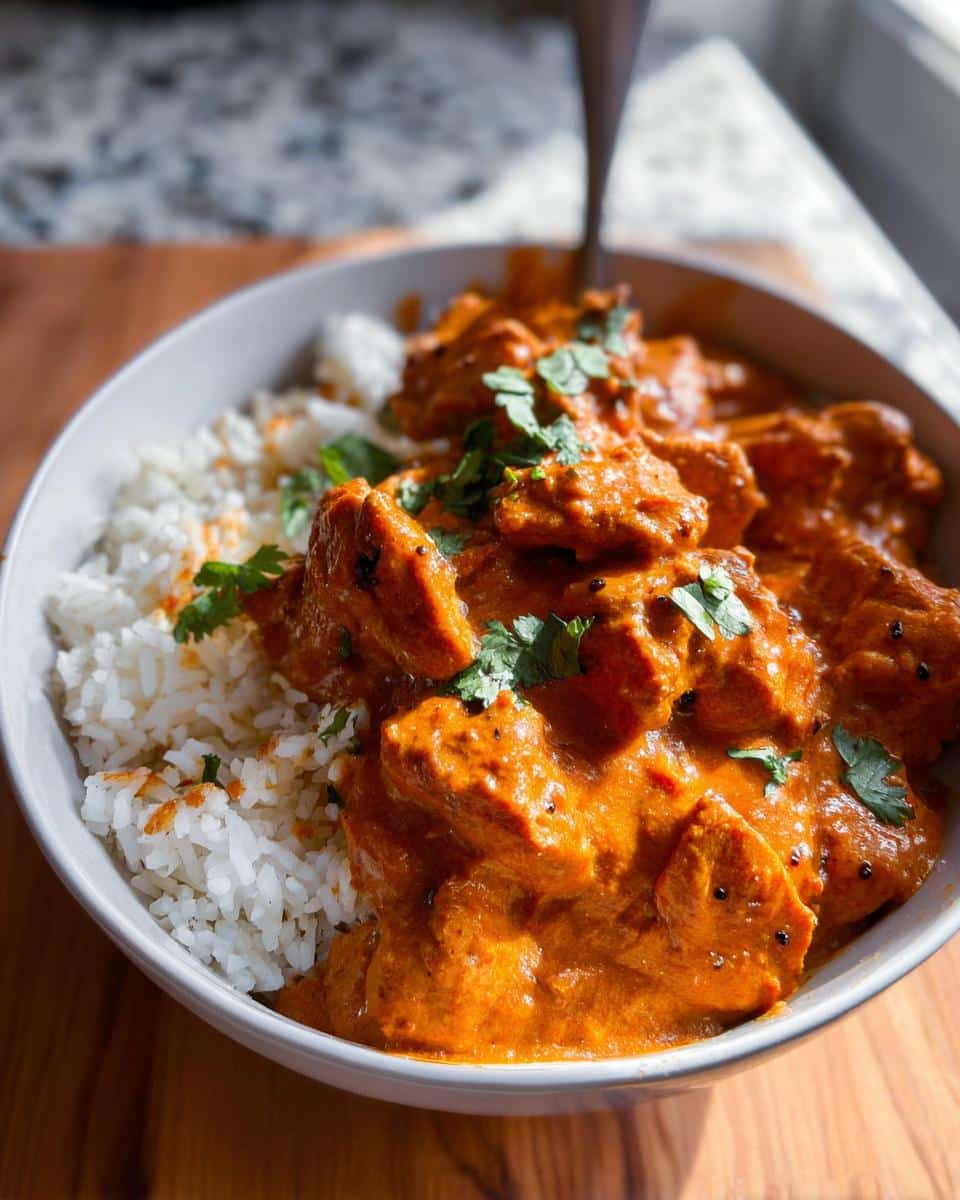 A close-up of a white bowl filled with creamy, orange Gluten Free Tikka Masala served over white rice and garnished with fresh cilantro.