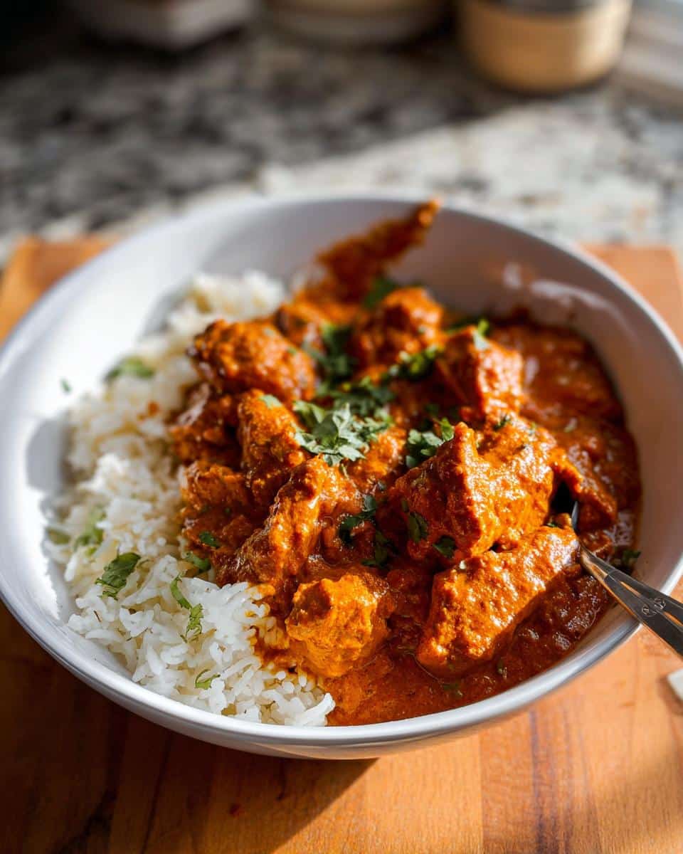 A white bowl filled with creamy, orange Gluten Free Tikka Masala served over white rice and garnished with cilantro.