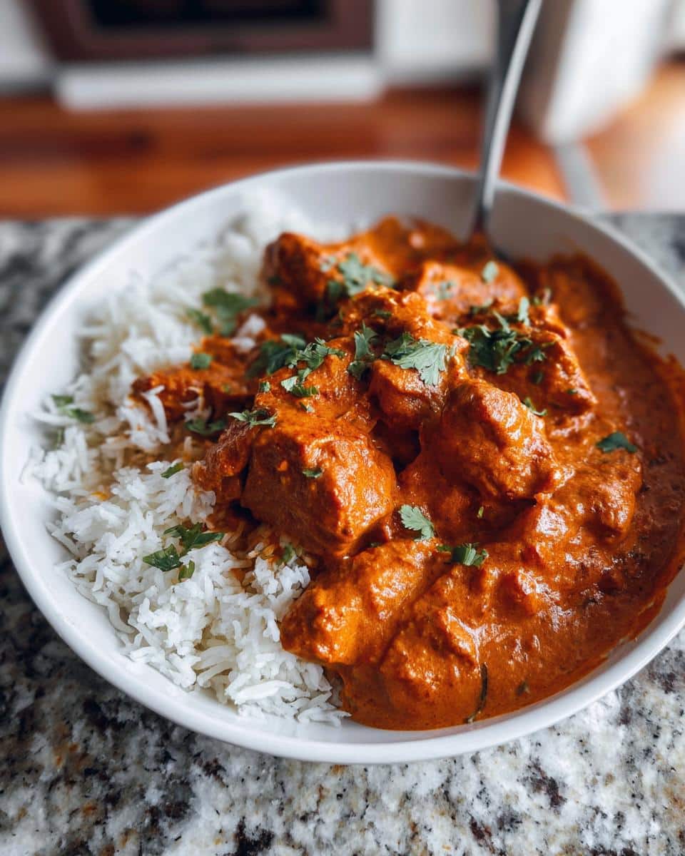 A close-up of a white bowl filled with fluffy white rice and rich, orange Gluten Free Tikka Masala Bowls, garnished with cilantro.