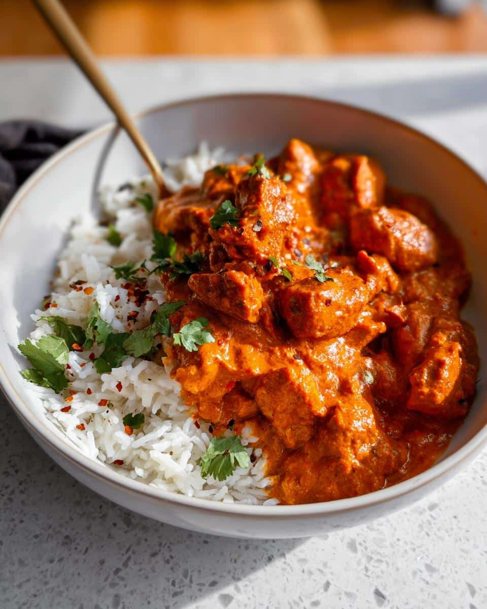 Close-up of a bowl containing creamy, orange Gluten Free Tikka Masala served over white rice and garnished with cilantro.