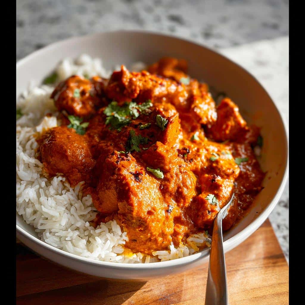 Close-up of a bowl filled with white rice topped with rich, orange Gluten Free Tikka Masala sauce and chicken pieces.