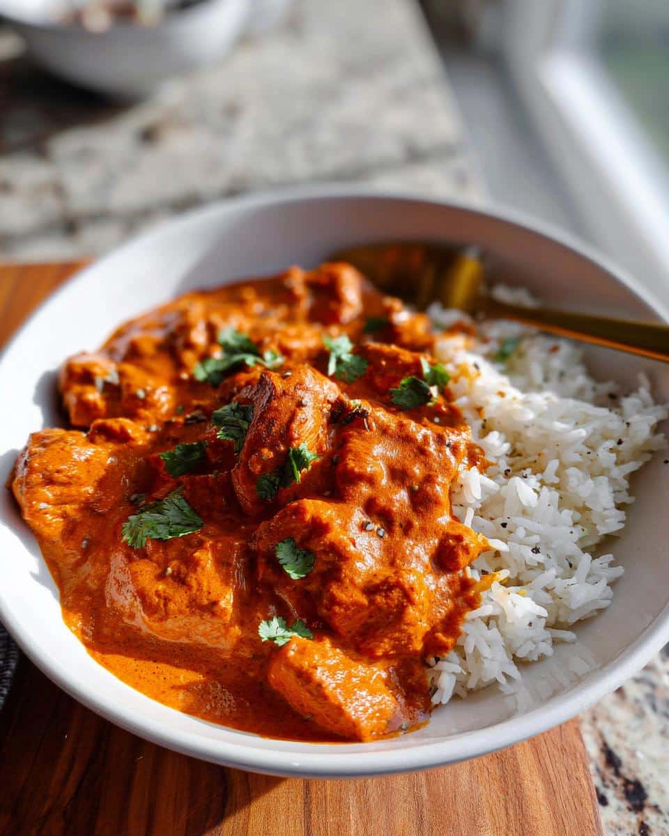 Close-up of a white bowl filled with rich, orange Gluten Free Tikka Masala served alongside fluffy white rice, garnished with cilantro.