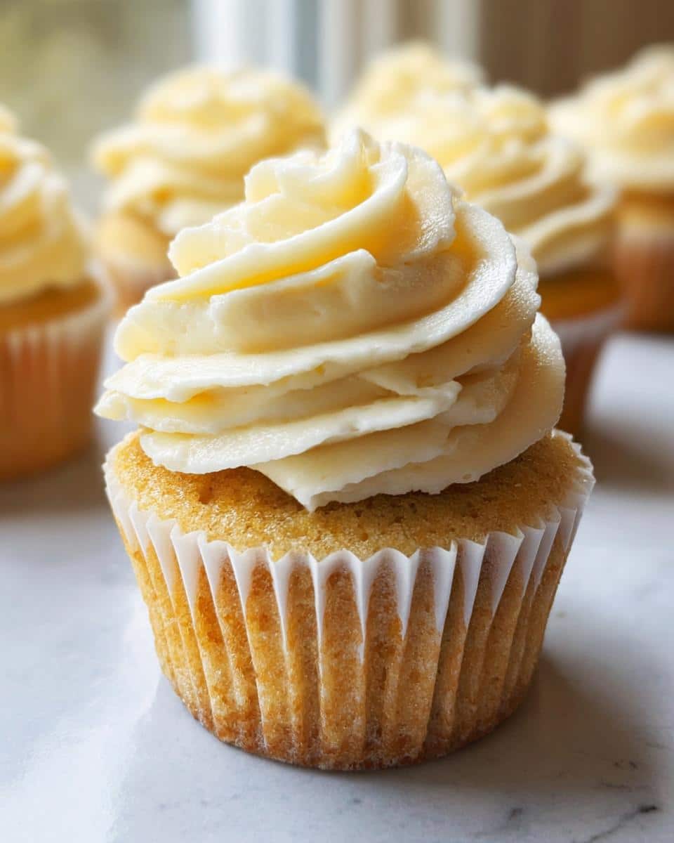 A close-up shot of one perfectly baked Gluten Free Vanilla Cupcake topped with creamy vanilla frosting.