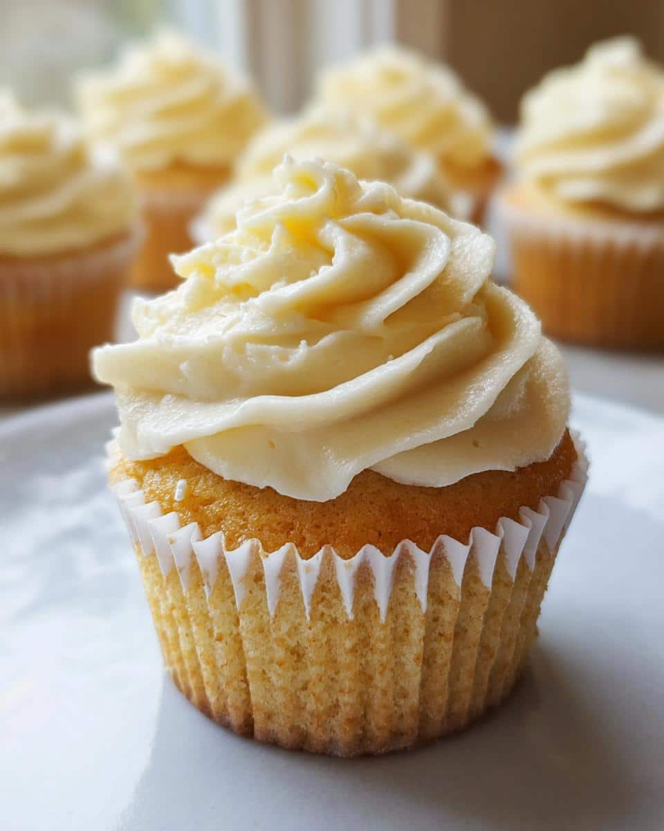 A close-up of one perfectly frosted Gluten Free Vanilla Cupcakes sitting on a white plate with more cupcakes blurred in the background.