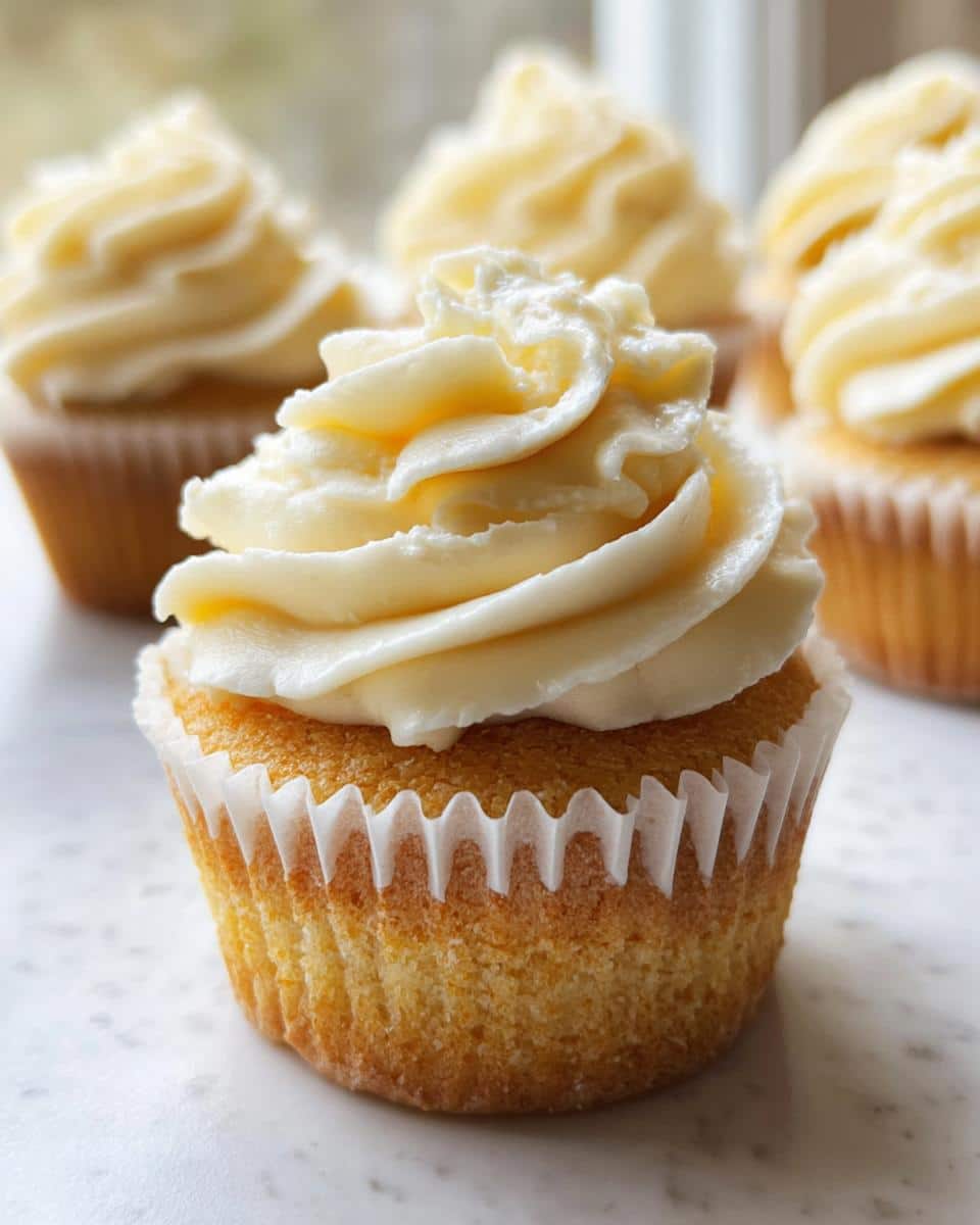 A close-up of one perfectly baked Gluten Free Vanilla Cupcake topped with creamy vanilla frosting swirls.