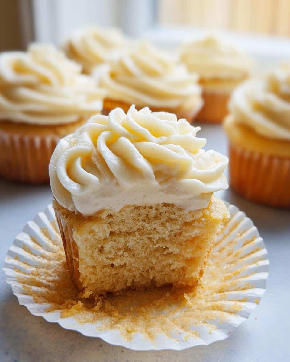 Close-up of a Gluten Free Vanilla Cupcakes cut in half showing the moist crumb and vanilla buttercream frosting.