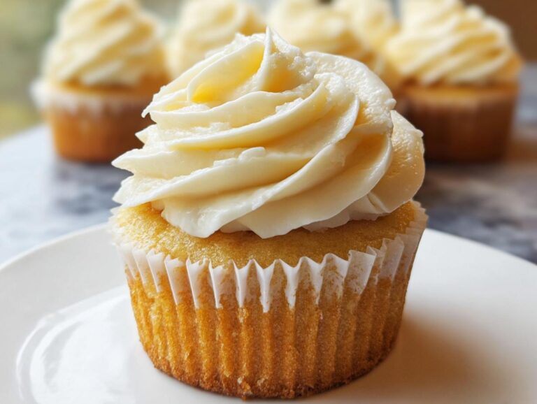 A close-up of one perfectly baked Gluten Free Vanilla Cupcakes topped with swirls of creamy vanilla buttercream frosting.