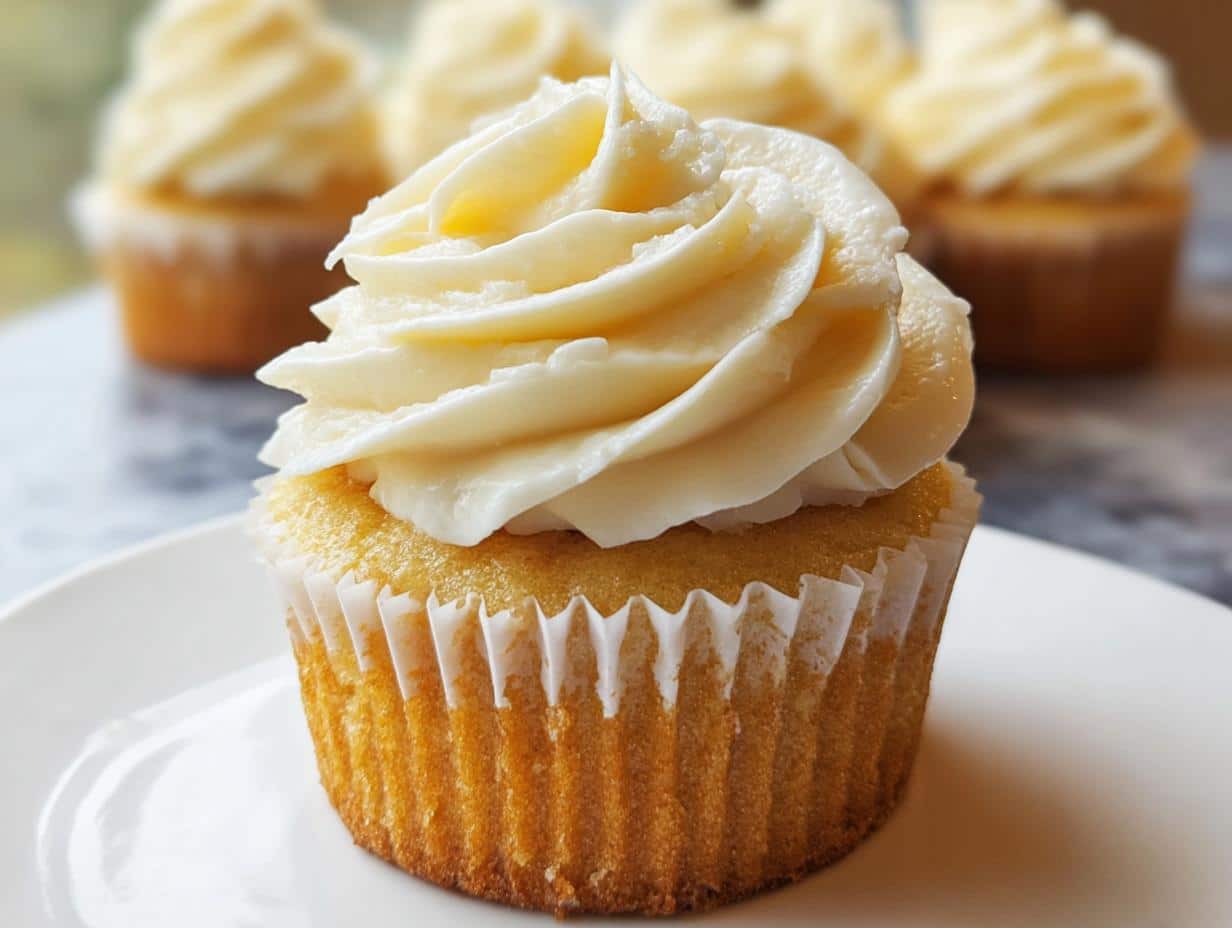 A close-up of one perfectly baked Gluten Free Vanilla Cupcakes topped with swirls of creamy vanilla buttercream frosting.