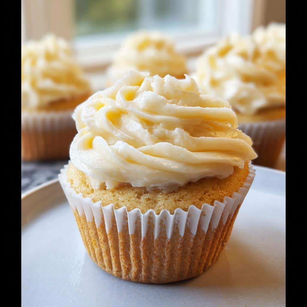 A close-up of one delicious Gluten Free Vanilla Cupcake topped with creamy vanilla frosting.