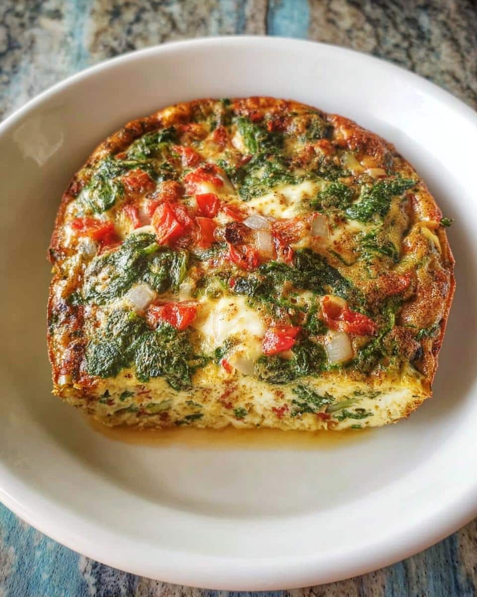 A thick slice of Gluten-Free Veggie Omelet Bake with spinach, tomatoes, and onions served on a white plate.