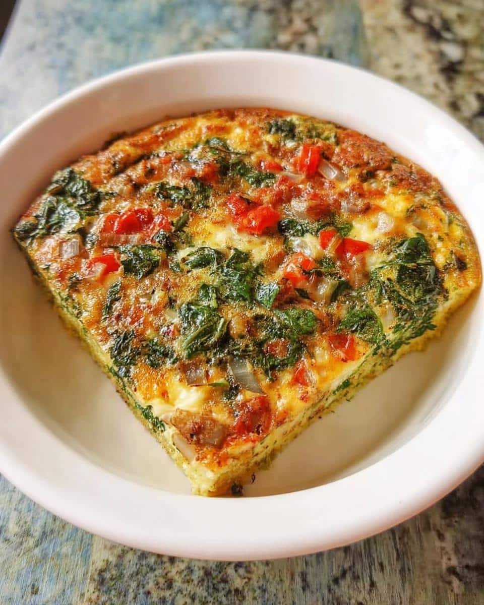 A wedge slice of Gluten-Free Veggie Omelet Bake with spinach, tomatoes, and onions served in a white bowl.