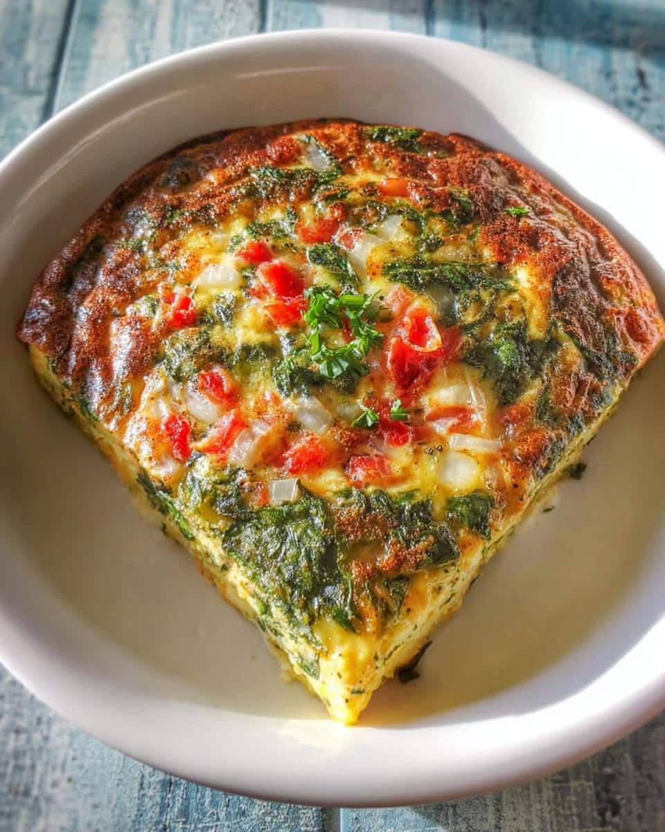 A wedge-shaped slice of Gluten-Free Veggie Omelet Bake with spinach, tomatoes, and onions, served in a white dish.