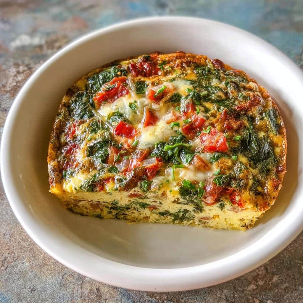 A thick, round slice of Gluten-Free Veggie Omelet Bake topped with spinach, tomatoes, and melted cheese.