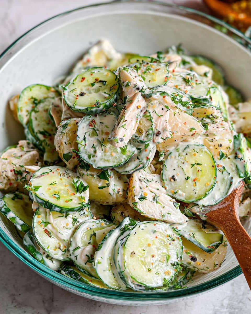Close-up of creamy Gluten Free Viral Cucumber Salad featuring sliced cucumbers, potatoes, and fresh dill in a glass bowl.