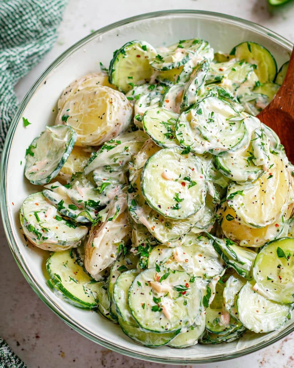 Close-up of a creamy Gluten Free Viral Cucumber Salad featuring sliced cucumbers and potatoes tossed in a light dressing, garnished with herbs.