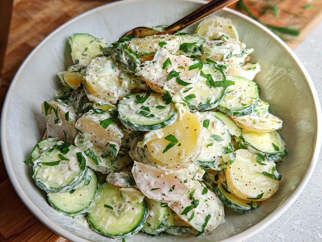 Close-up of a creamy Gluten Free Viral Cucumber Salad featuring sliced potatoes and cucumbers tossed in a white dressing and sprinkled with herbs.