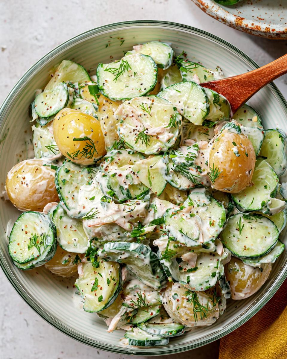 Close-up of Gluten Free Viral Cucumber Salad mixed with small potatoes in a creamy dill dressing.