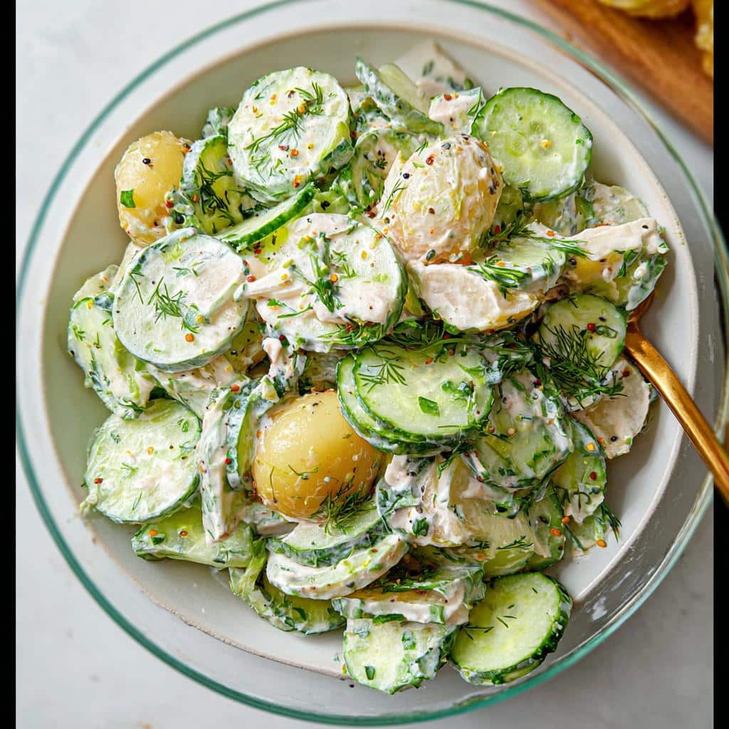 A creamy, vibrant bowl of Gluten Free Viral Cucumber Salad mixed with small yellow potatoes and fresh dill.