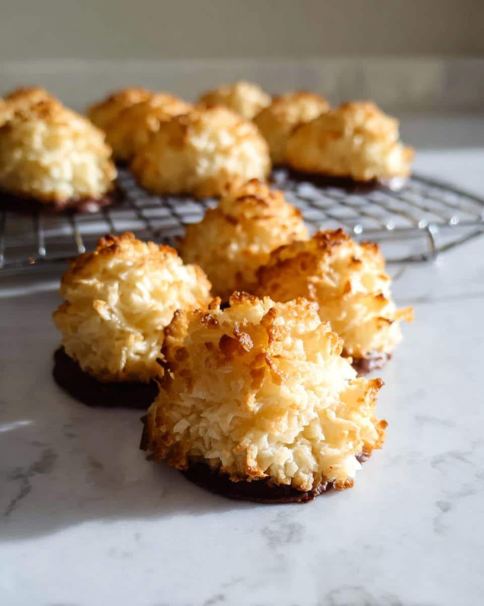 Close-up of golden brown Gluten Free Coconut Macaroons, some dipped in chocolate, cooling on a wire rack.