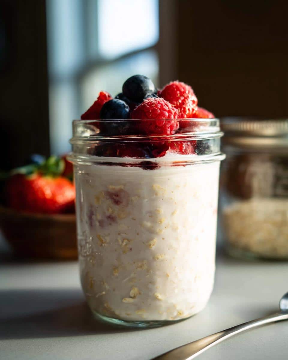 Close-up of Greek Yogurt Overnight Oats topped with fresh raspberries and blueberries in a glass jar.