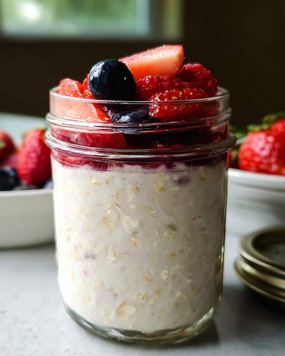 Close-up of Greek Yogurt Overnight Oats topped generously with fresh strawberries, blueberries, and raspberries in a glass jar.