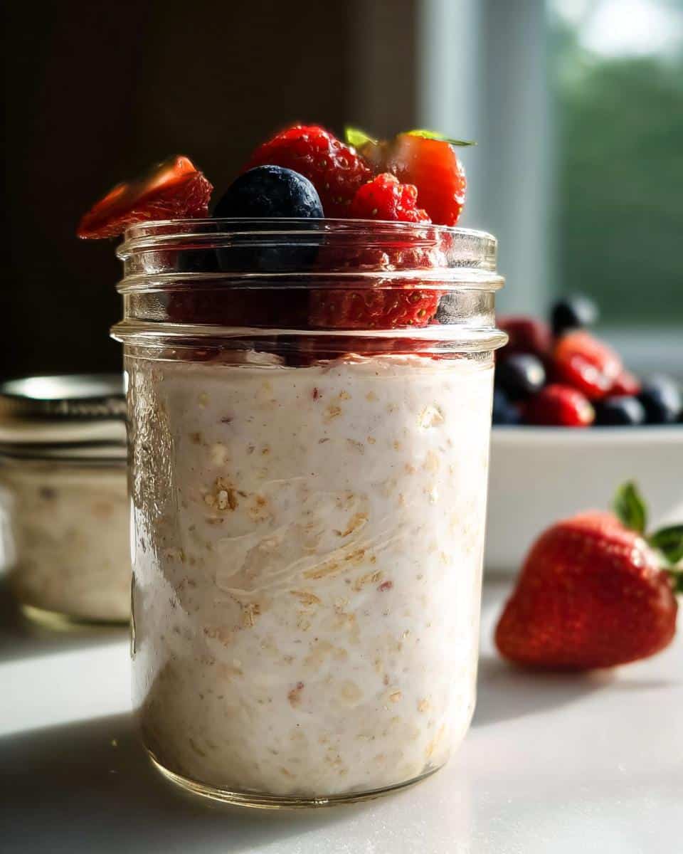 Close-up of Greek Yogurt Overnight Oats in a mason jar topped with fresh strawberries and blueberries.
