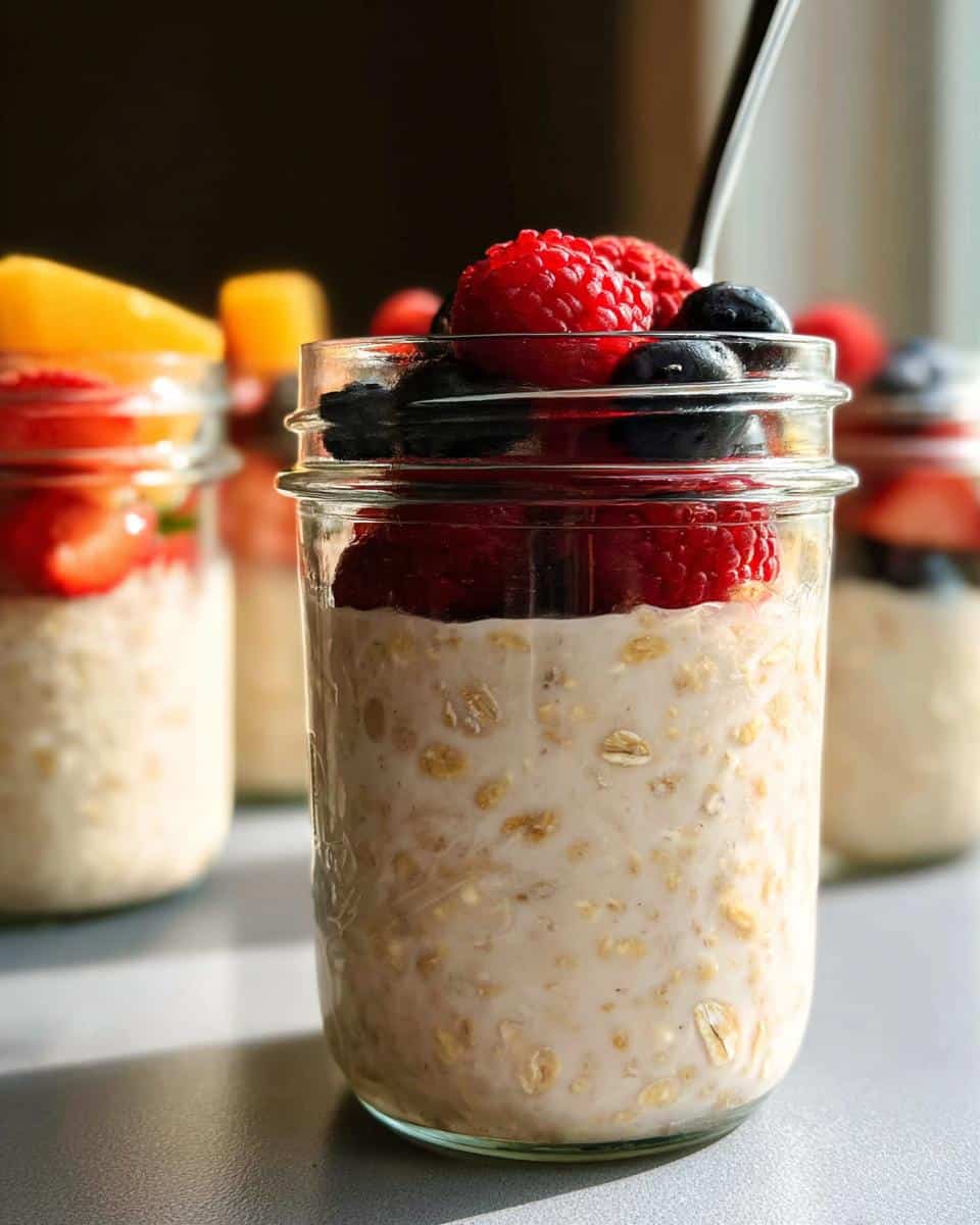 Close-up of a jar of Greek Yogurt Overnight Oats topped generously with fresh raspberries and blueberries.