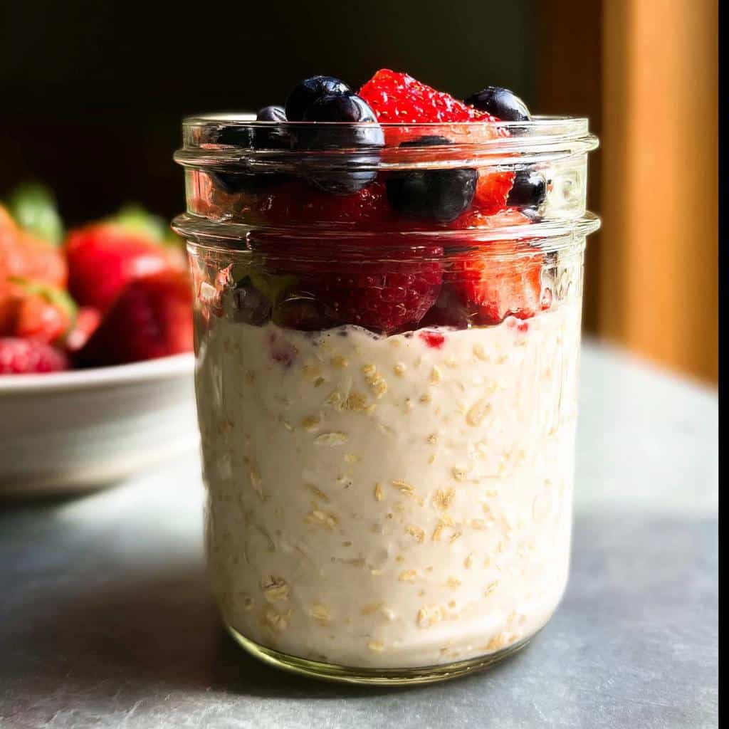 Close-up of creamy Greek Yogurt Overnight Oats topped with fresh strawberries and blueberries in a glass jar.