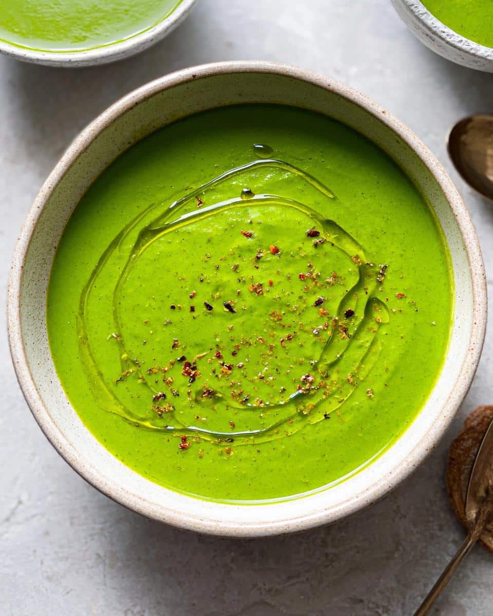 Close-up of a bowl of vibrant Green Detox Soup, drizzled with olive oil and sprinkled with spices.