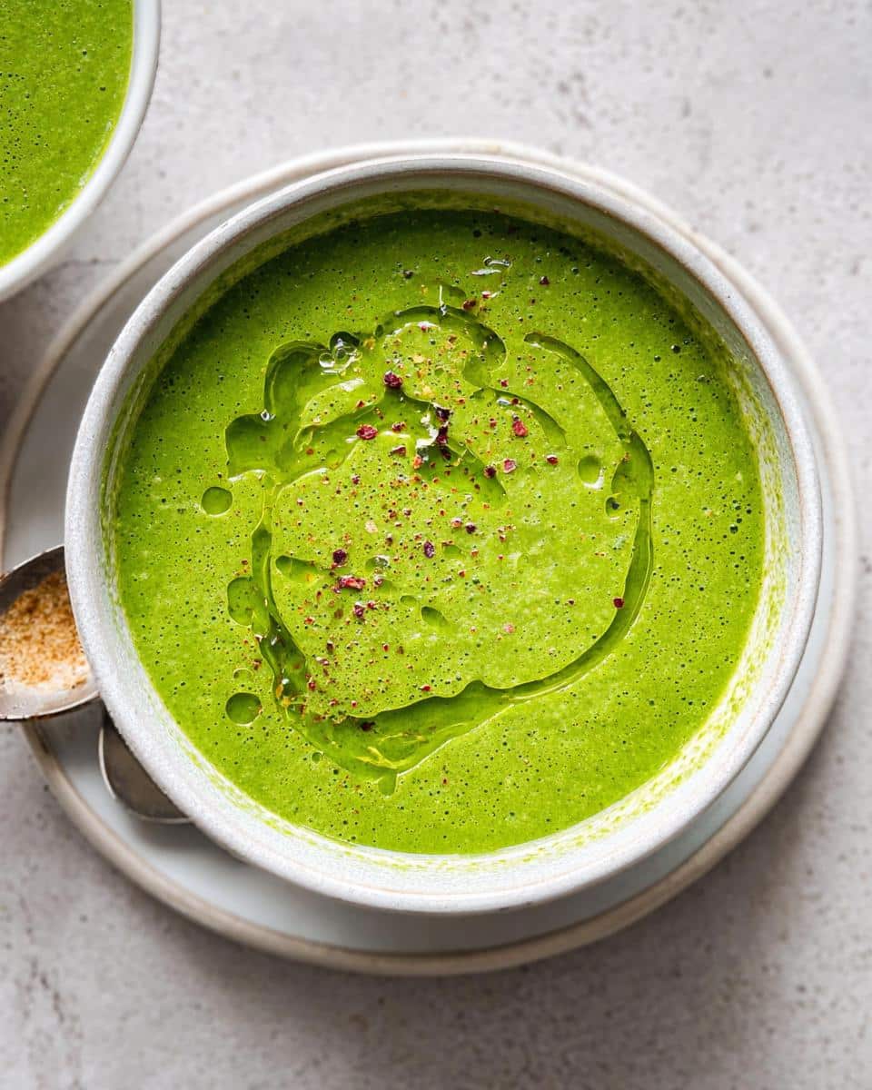Overhead view of a bowl of vibrant Green Detox Soup, topped with a swirl of olive oil and pink peppercorns.
