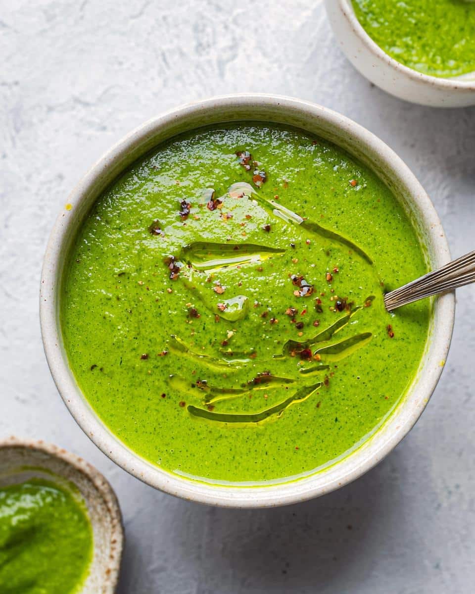 Overhead view of a bowl of bright Green Detox Soup, drizzled with olive oil and sprinkled with red pepper flakes.