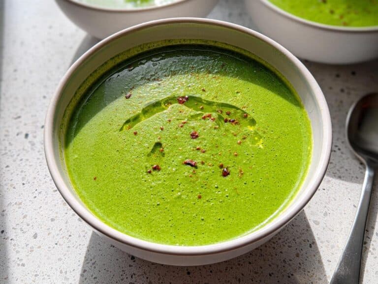 Close-up of a vibrant, creamy Green Detox Soup topped with a swirl of olive oil and red pepper flakes.