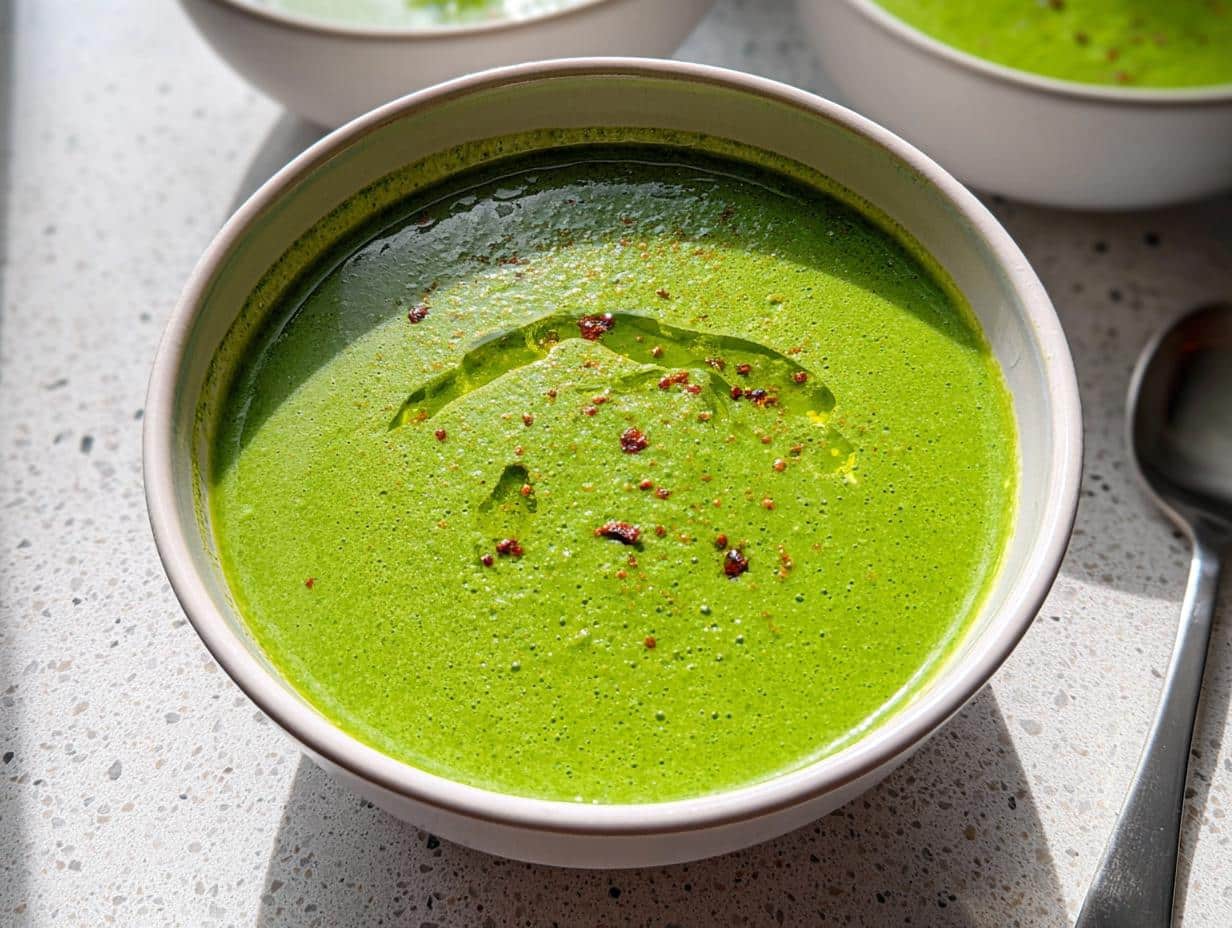 Close-up of a vibrant, creamy Green Detox Soup topped with a swirl of olive oil and red pepper flakes.