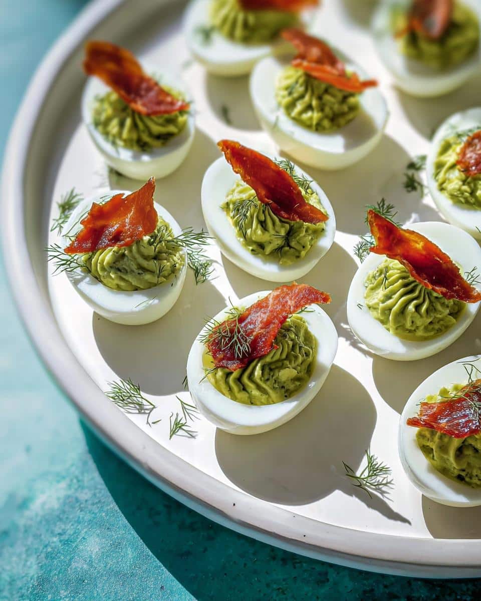 A platter of Green Deviled Eggs, piped with green filling and topped with crispy bacon pieces and dill.
