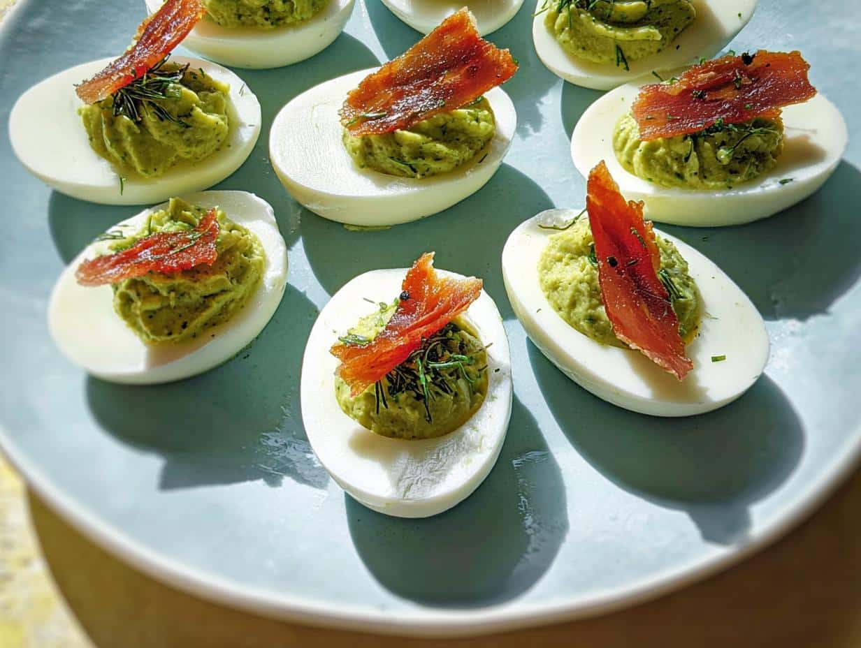Several Green Deviled Eggs topped with crispy bacon pieces arranged on a light blue plate.