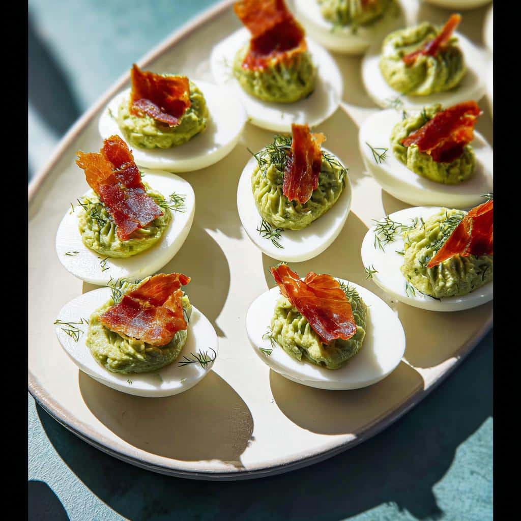 A platter of vibrant Green Deviled Eggs topped with crispy bacon pieces and fresh dill.