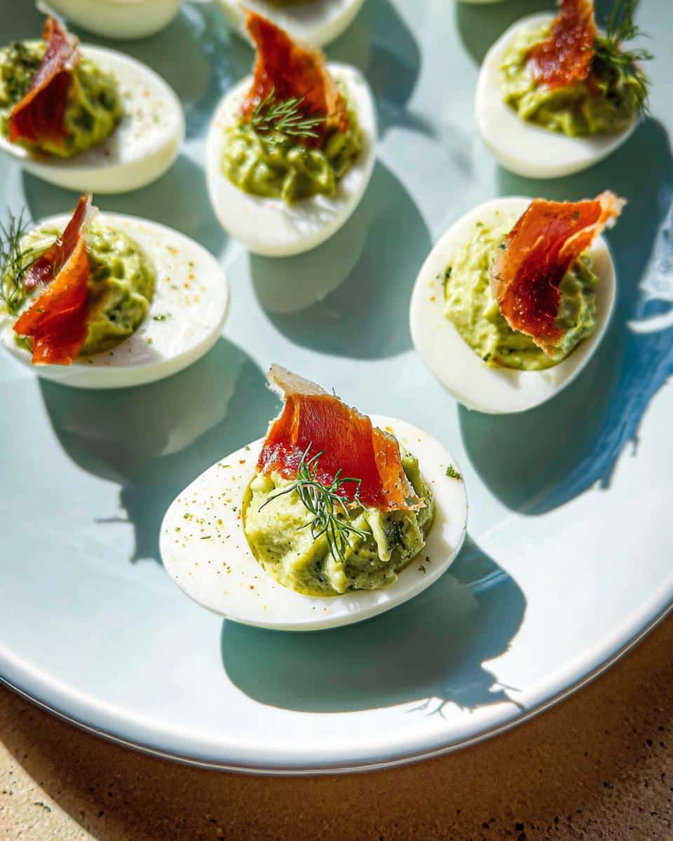 Close-up of several Green Deviled Eggs topped with prosciutto and dill on a light blue platter.