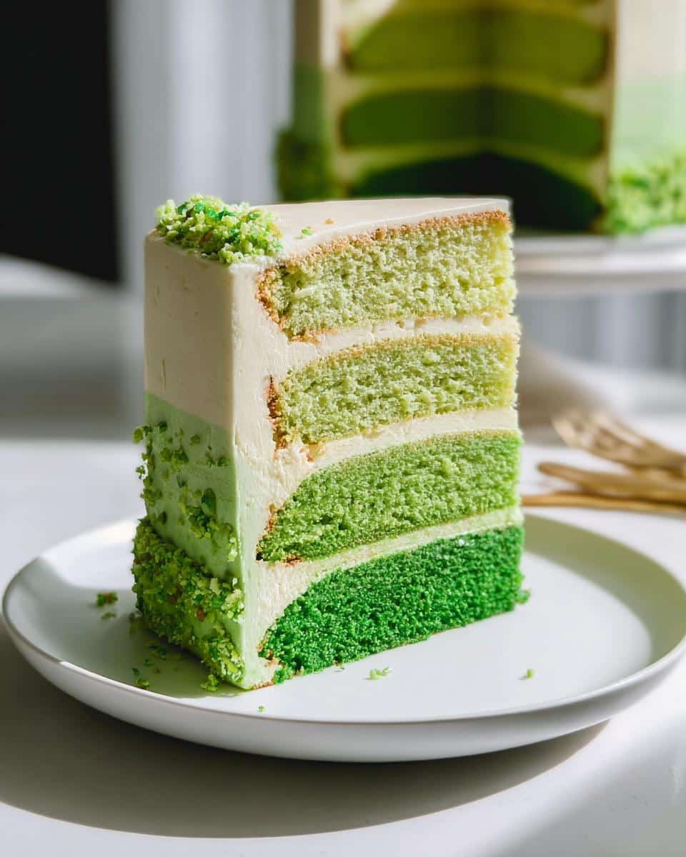 A tall slice of Green Ombre Cake showing four distinct layers of green sponge cake and white frosting.