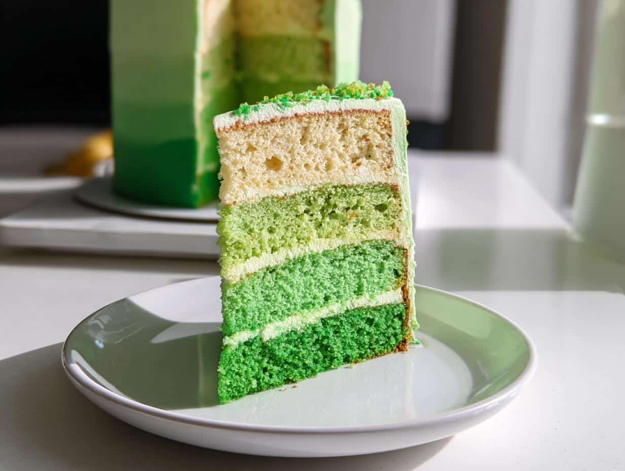 A slice of Green Ombre Cake featuring four distinct layers of green sponge cake, from pale yellow to deep green.