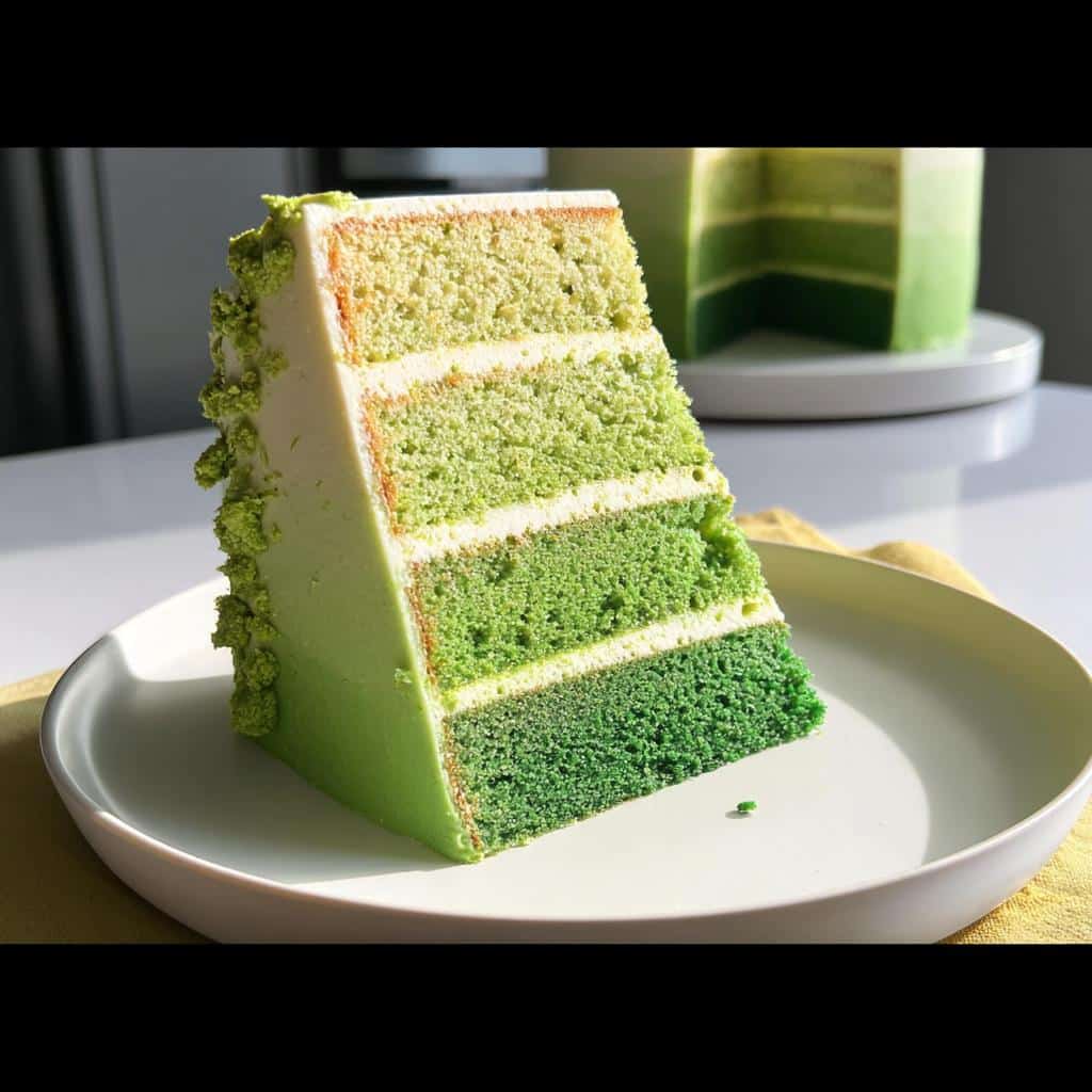A tall slice of Green Ombre Cake showing four distinct layers of green sponge cake separated by white frosting.