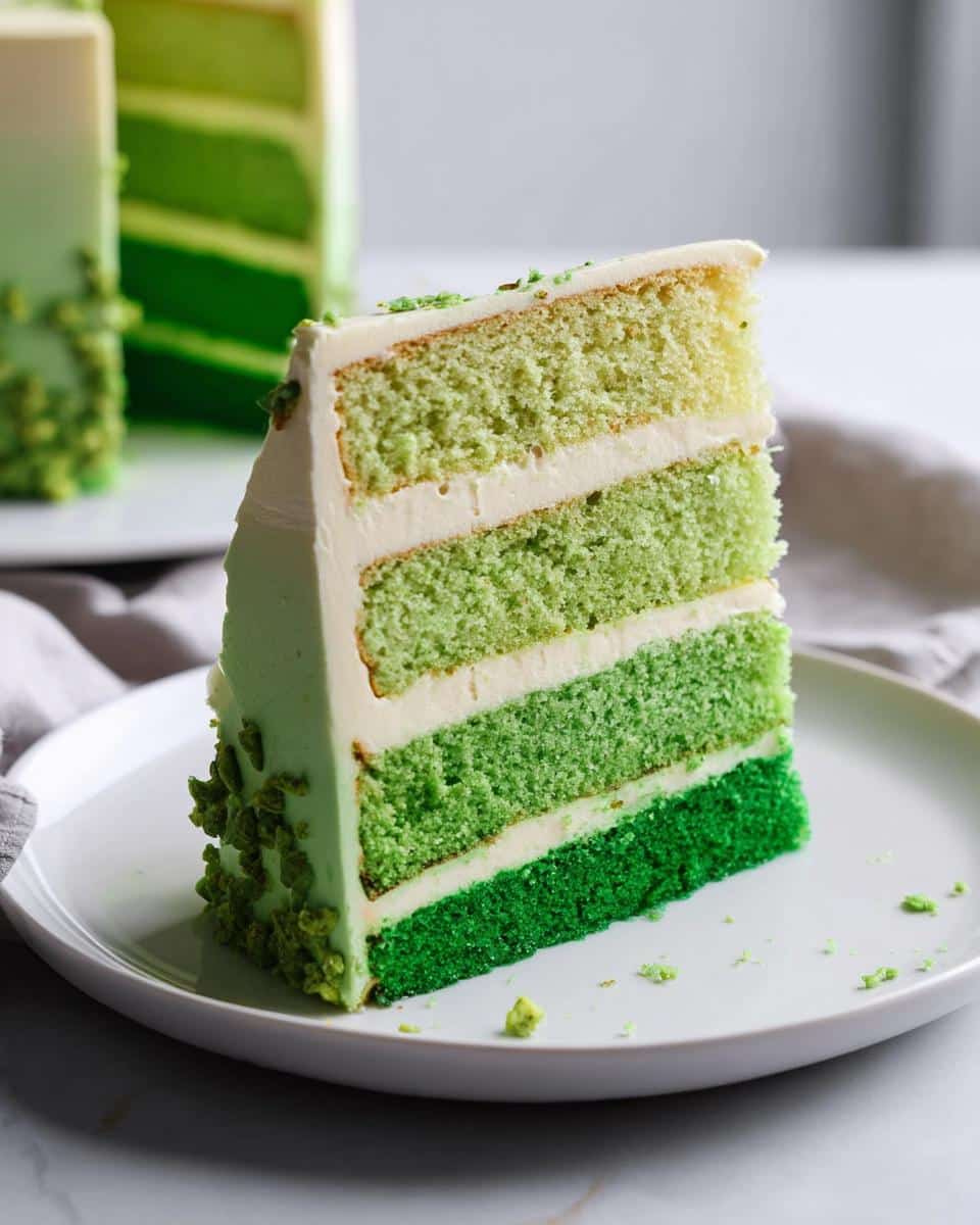A slice of Green Ombre Cake showing four distinct layers of green sponge cake and white frosting.