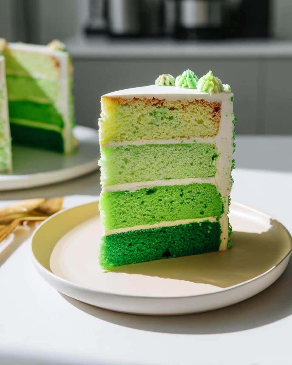 A slice of Green Ombre Cake showing four distinct layers of green sponge cake, frosted with white buttercream.