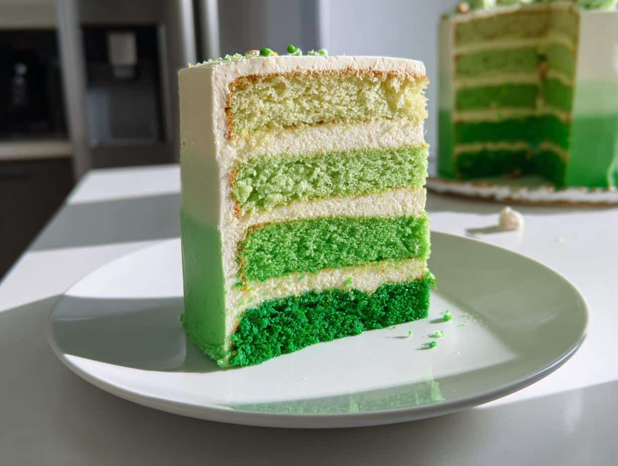 A tall slice of a stunning Green Ombre Cake showing four distinct shades of green cake layers.