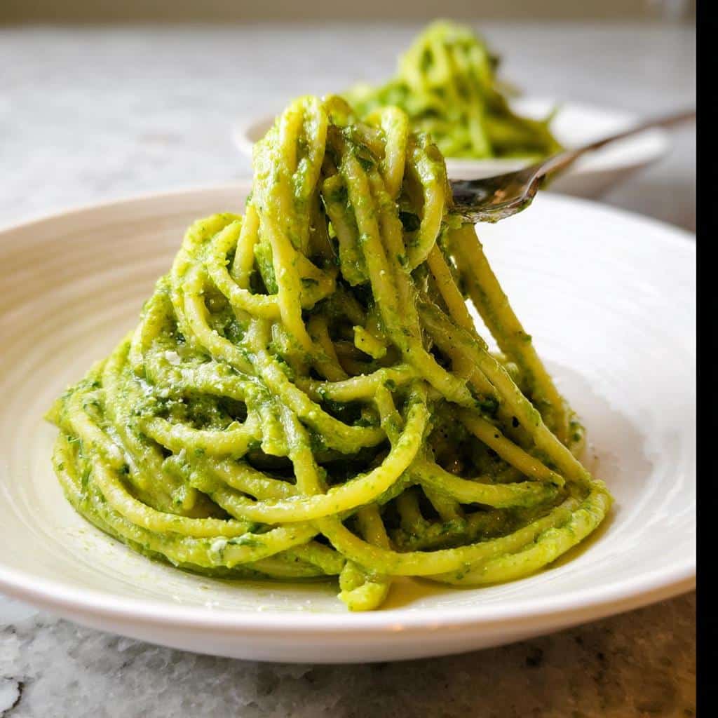 A fork lifting a twirl of spaghetti coated in vibrant Green Pasta Alfredo sauce from a white bowl.