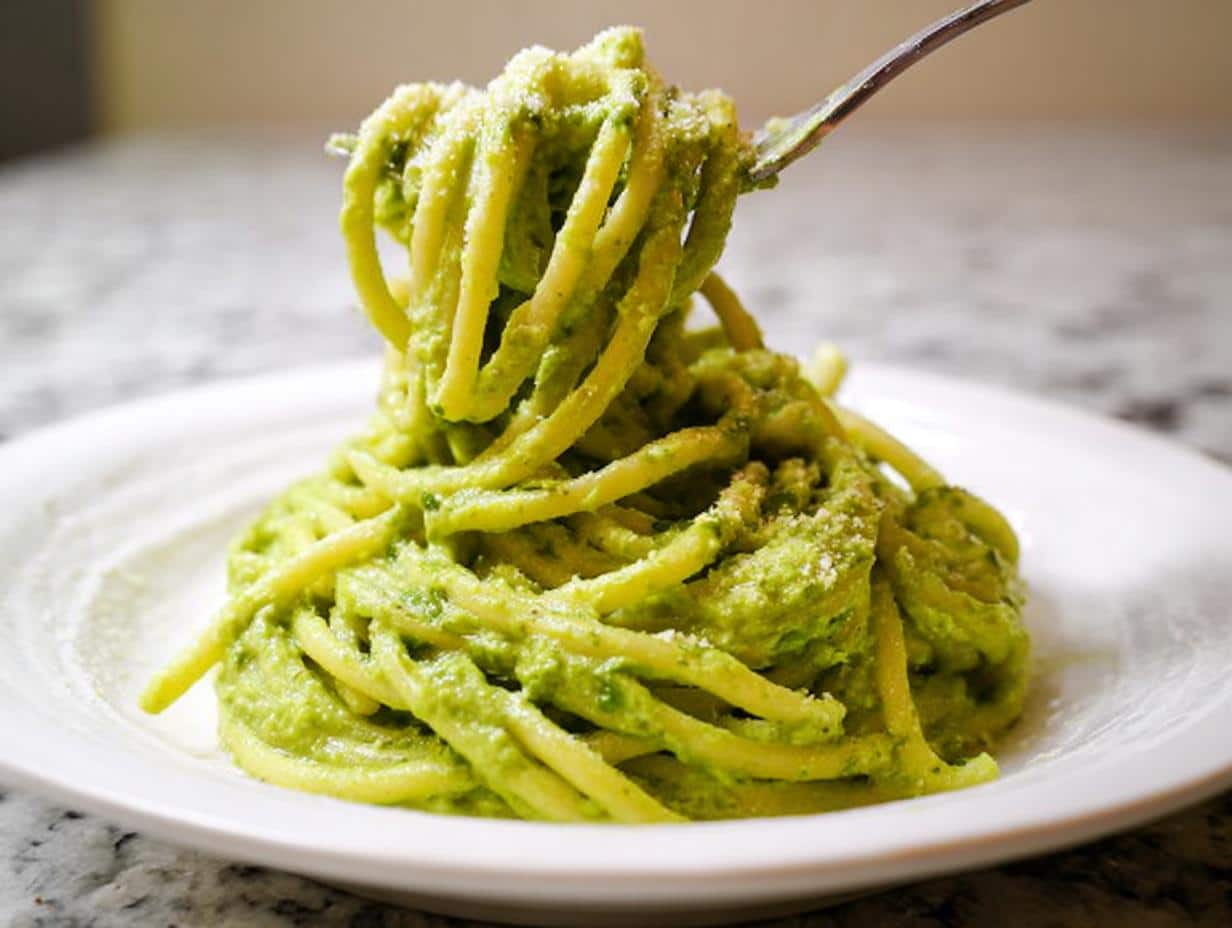 A fork lifting strands of creamy Green Pasta Alfredo coated in vibrant green sauce and topped with grated cheese.