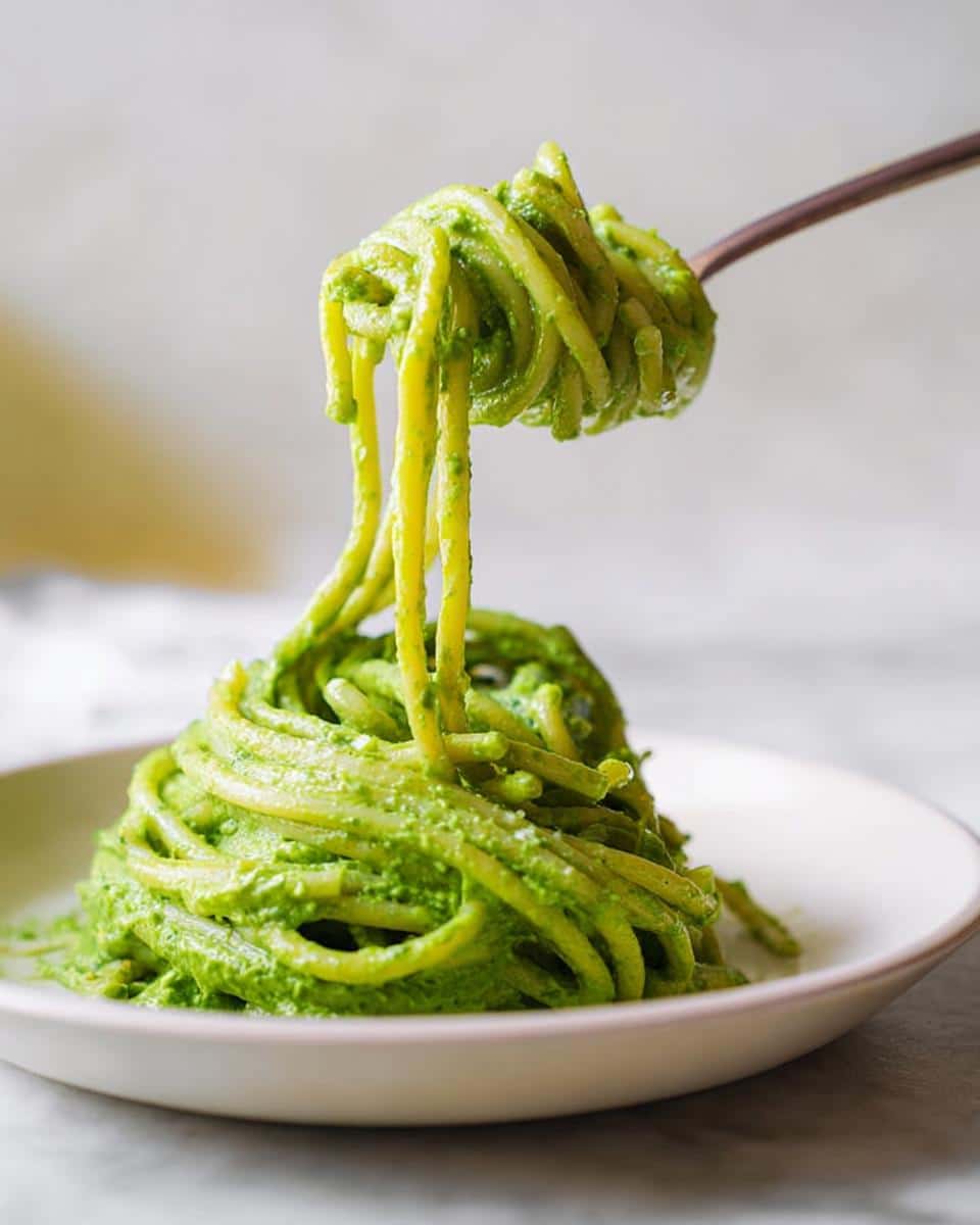 A fork lifts strands of bright Green Pasta Alfredo, showing the creamy green sauce coating the noodles.