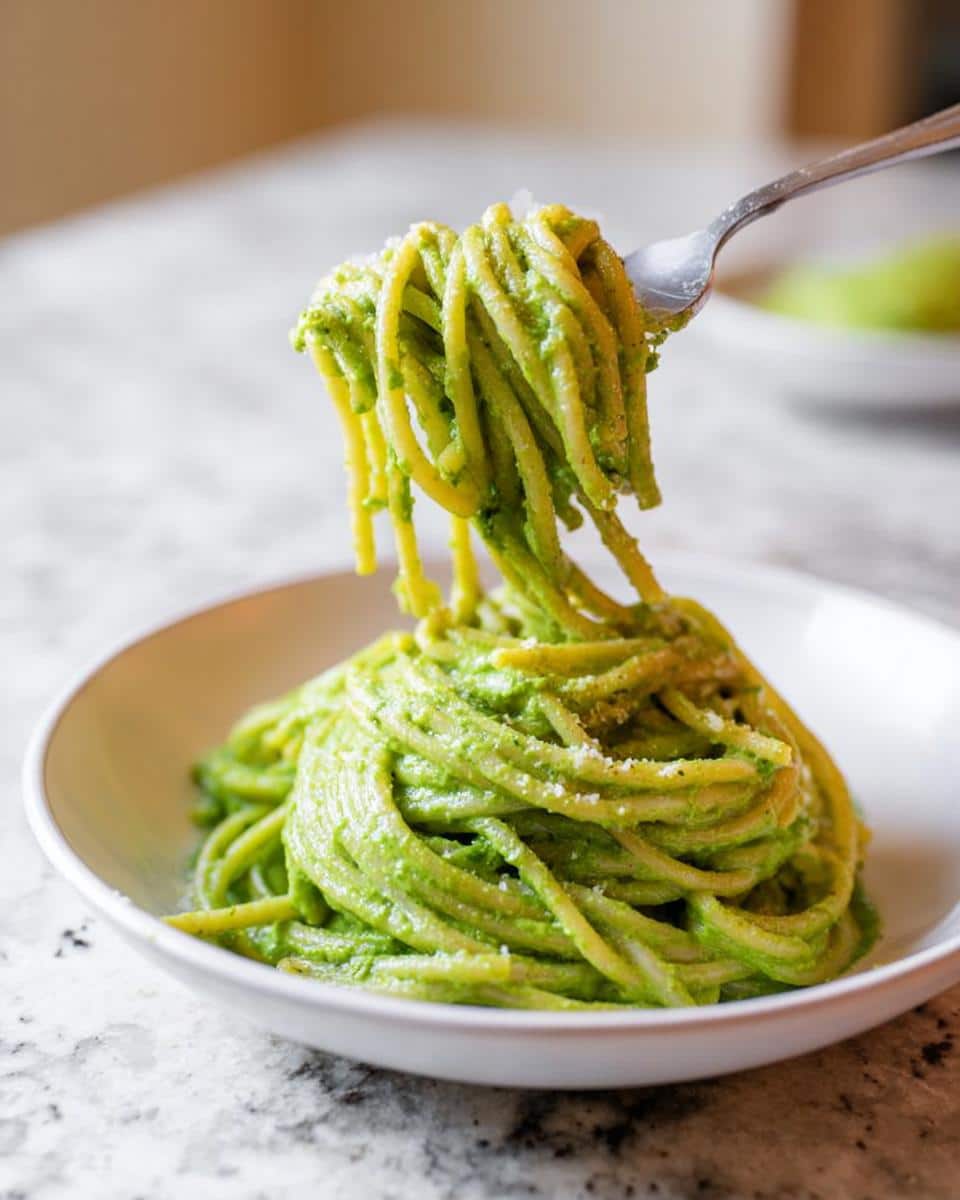 Close-up of spaghetti twirled high on a fork, coated in vibrant Green Pasta Alfredo sauce, served in a white bowl.