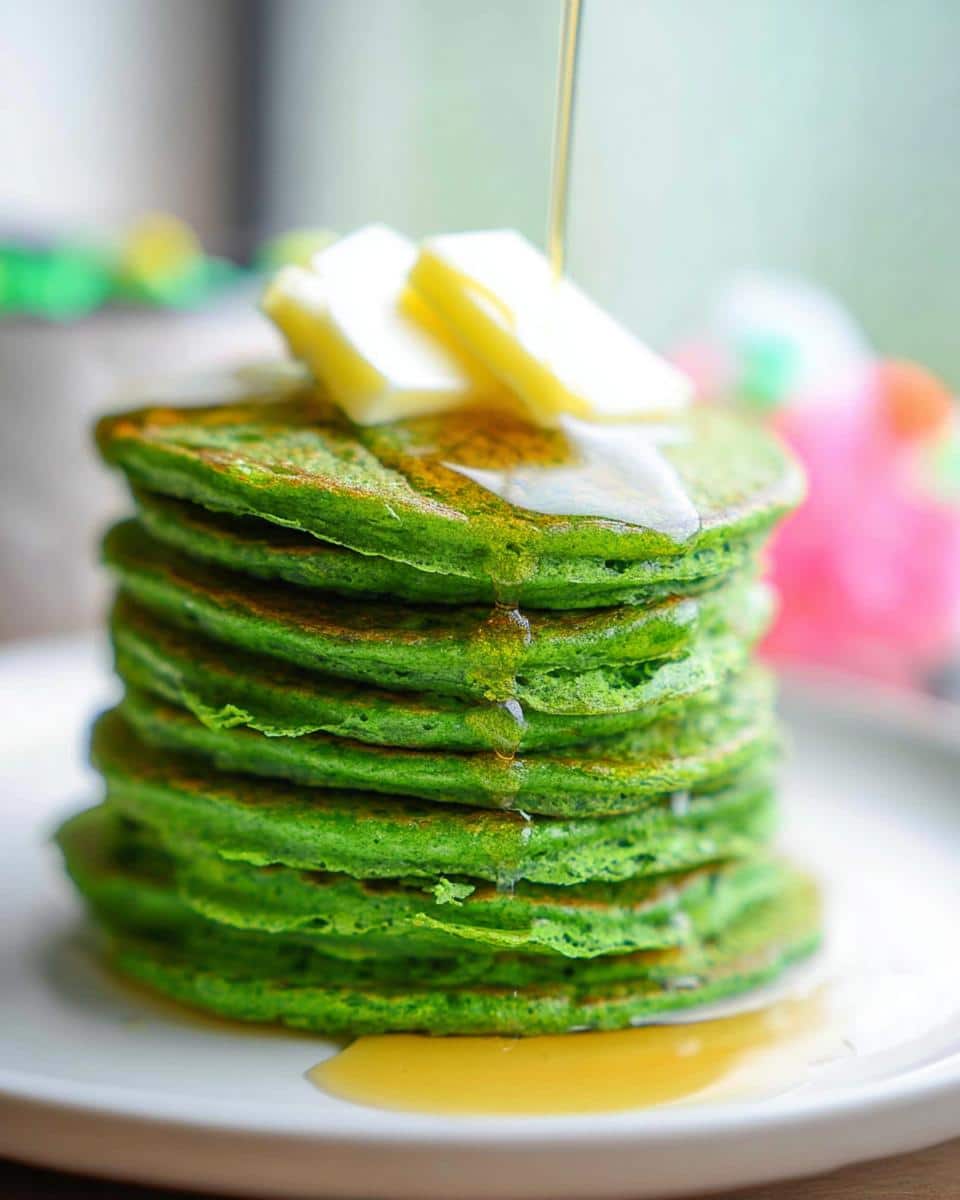 A tall stack of bright green St. Patrick's Day Pancakes topped with melting butter and drizzled with syrup.